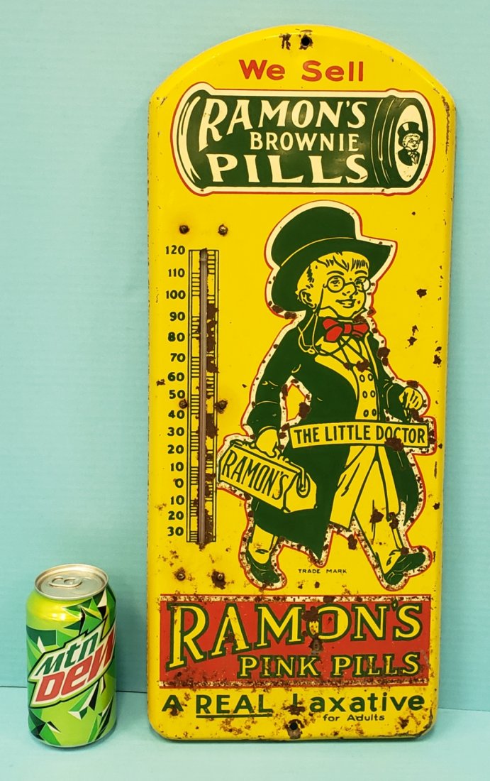 Ramon's Thermometer: 9" x 21" metal thermometer with scuffs, scratches, and rust. PLEASE READ AND UNDERSTAND THE PAYMENT AND SHIPPING TERMS FOR THIS AUCTION PRIOR TO PLACING BIDS. ALL BIDDERS ARE BOUND TO THE TERMS OF THI