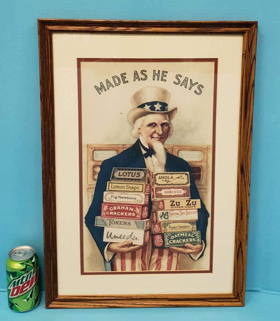 National Biscuit Company Uncle Sam Scarce Reproduction: 16.5" x 23.5" framed and matted scarce version early reproduction Uncle Sam advertisement with Uneeda in script on the bottom box. Hard to find. PLEASE READ AND UNDERSTAND THE PAYMENT AND SHIPPING TER