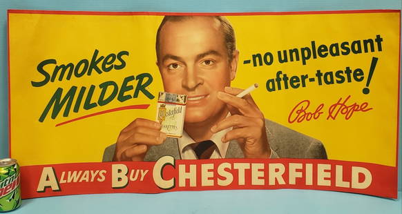 Bob Hope Chesterfield Cigarettes Cardboard Sign: 42" x 20" cardboard sign in excellent condition with bright colors. PLEASE READ & UNDERSTAND THE PAYMENT & SHIPPING TERMS FOR THIS AUCTION PRIOR TO PLACING BIDS. PLEASE READ THE AUCTION TERMS. ALL BID