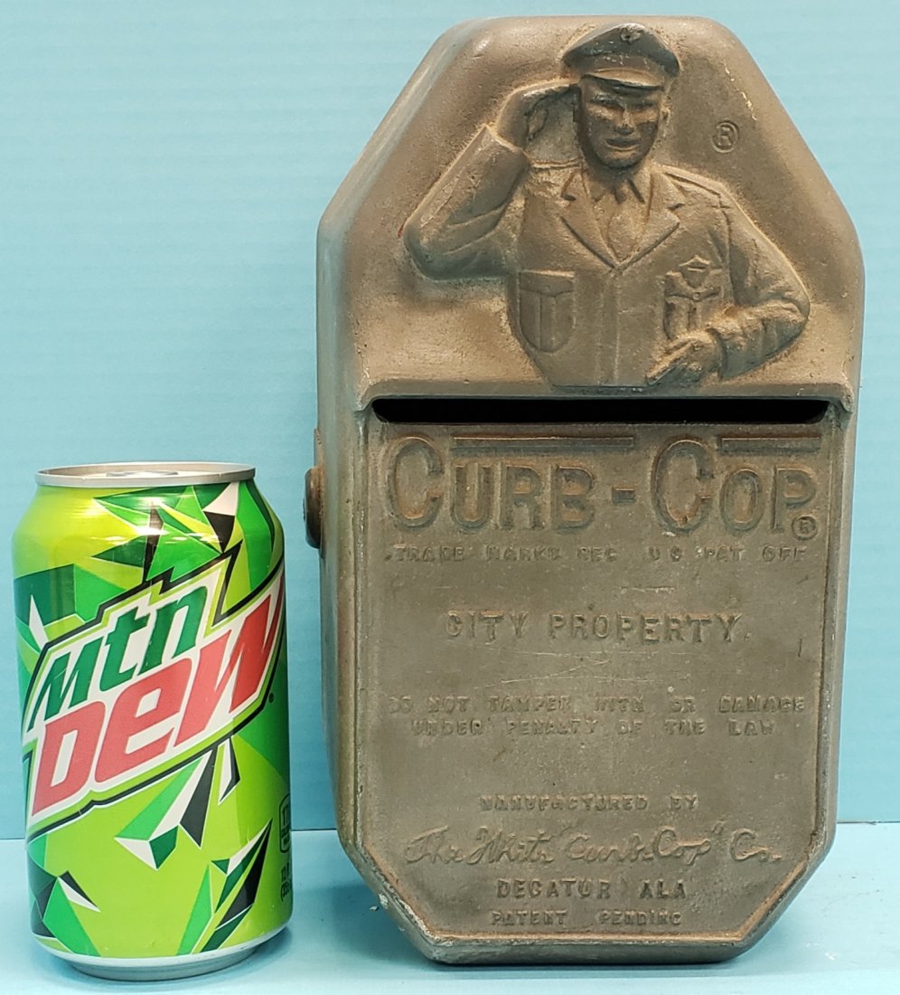 Vintage Circa 1940's Curb Cop: Cast aluminum embossed municipal ticket remittance box. Manufactured by White Curb Cop Co. Decatur Al. A key is broke off in the key slot. PLEASE READ & UNDERSTAND THE PAYMENT & SHIPPING TERMS FOR THI