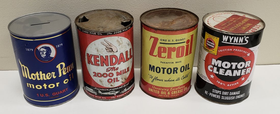 Lot of 4 Motor Oil Cans: 4 Motor oil cans including - Kendall the 2000 mile oil, Mother Penn Motor oil can bank, Zeroil motor oil can, & Wynn's Motor cleaner (full). PLEASE READ & UNDERSTAND THE PAYMENT & SHIPPING TERMS FOR T