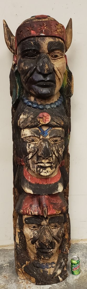 Totem Pole Wood Carved: 70" Totem pole with three faces. There is a large piece at the base in front that is loose. PLEASE READ & UNDERSTAND THE PAYMENT & SHIPPING TERMS FOR THIS AUCTION PRIOR TO PLACING BIDS. ALL BIDDERS AR