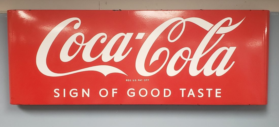 Porcelain Coca Cola Sled Sign Sign Of Good Taste: 67" x 24" Rarer version (Sign of Good Taste) porcelain sign with original hanging bracket on back. Excellent condition with bright colors and very minor porcelain chipping on top edge. PLEASE READ & U