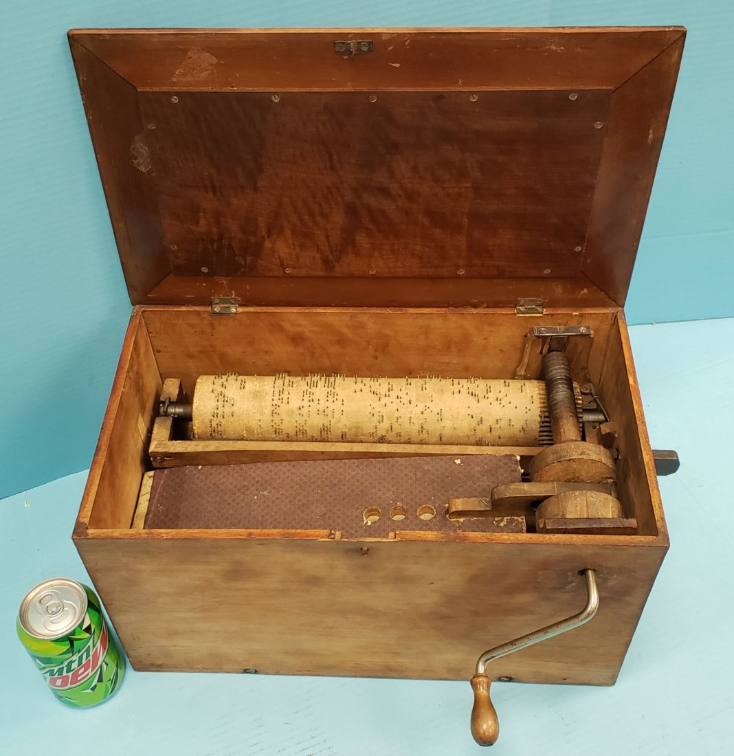 Early Hand Crank Organ Music Box: 16.5" x 9.75" x 9" Early music box with hand crank that turns the gear to set to box in motion producing sound from the bellows. Very good condition with light wear. PLEASE READ & UNDERSTAND THE PAYME
