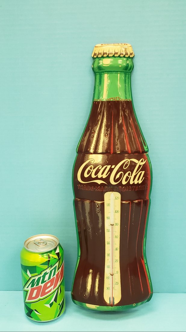 Coca Cola Die Cut Bottle Thermometer by Robertson: 5" x 16.25" Vintage thermometer in excellent condition with bright colors and high gloss. PLEASE READ & UNDERSTAND THE PAYMENT & SHIPPING TERMS FOR THIS AUCTION PRIOR TO PLACING BIDS. ALL BIDDERS ARE 