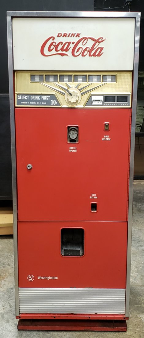 Westinghouse Coca Cola Select-O-Matic Vending Machine: 24" x 22" x 64" Coke machine with the embossed Drink Coca Cola Sign. Has the dial on front to select the drink. Working and Vending. The fan is not running. PLEASE READ & UNDERSTAND THE PAYMENT & SHIP