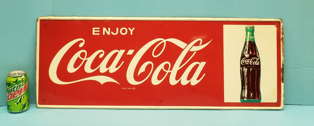 Enjoy Coca Cola self framed sign with bottle: 31.5" x 12" tin sign in excellent condition with bright colors, high gloss, some original packing paper residue, and minor scuffs. READ & UNDERSTAND THE PAYMENT & SHIPPING TERMS FOR THIS AUCTION PRIOR
