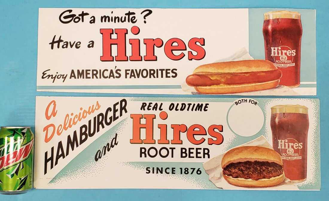 2 Hires Root Beer Diner Soda Fountain Signs: Two 22" x 7" 1950's paper signs dry mounted to cardboard in excellent condition with bright graphics and minor edge wear. READ & UNDERSTAND THE PAYMENT & SHIPPING TERMS FOR THIS AUCTION PRIOR TO PLACI