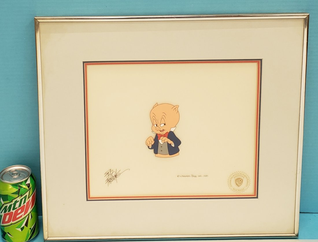 Porky Pig Original Production Animation Cel Painting: 17" x 15" framed one of a kind animation cel painting from "Daffy's Looney, Looney, Looney, Tales" (1981) Warner Bros. Studios. Signed Fritz Freleng. Excellent condition. PLEASE READ & UNDERSTAND THE 