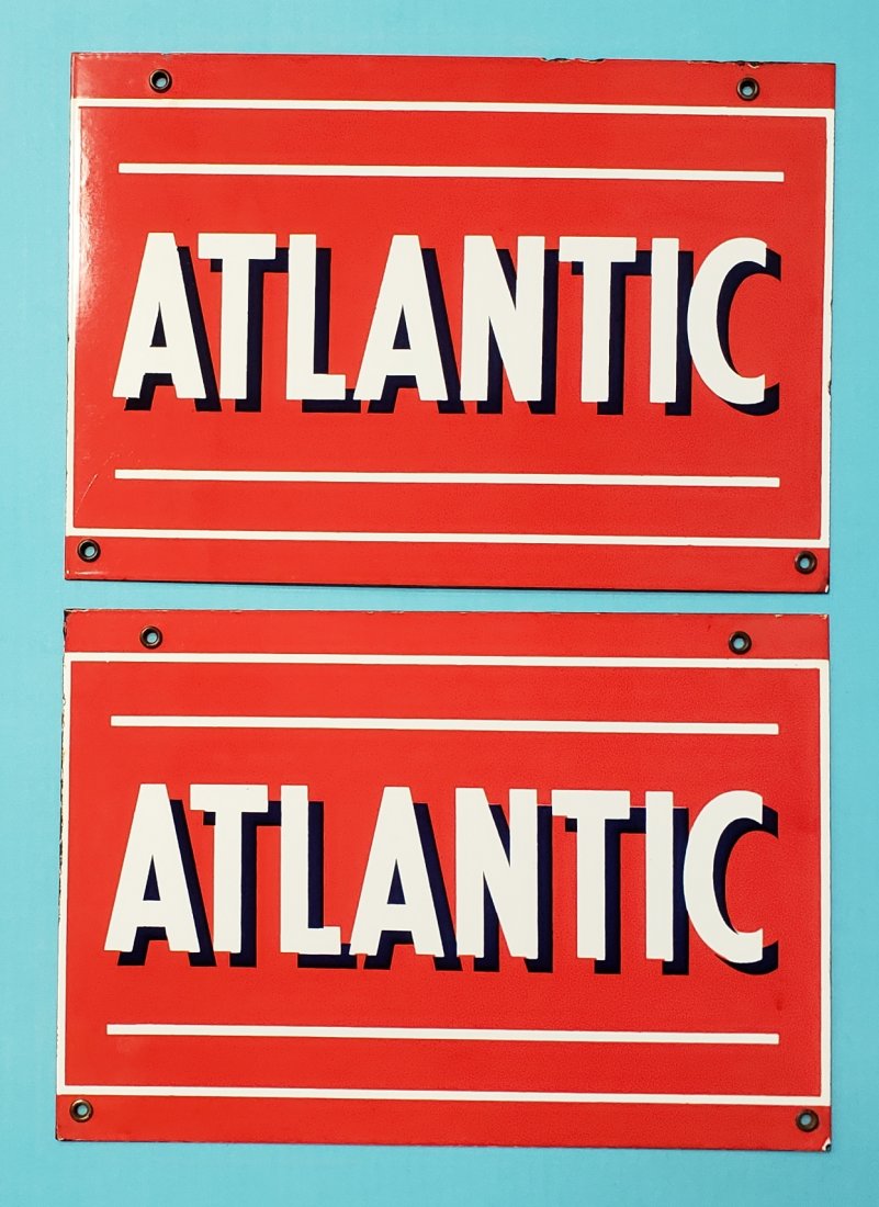 NOS Pair Atlantic Gasoline Porcelain Pump Plate Signs: Two 13" x 9" New old stock porcelain pump plates in excellent condition with very high gloss and bright colors. PLEASE READ & UNDERSTAND THE PAYMENT & SHIPPING TERMS FOR THIS AUCTION PRIOR TO PLACING