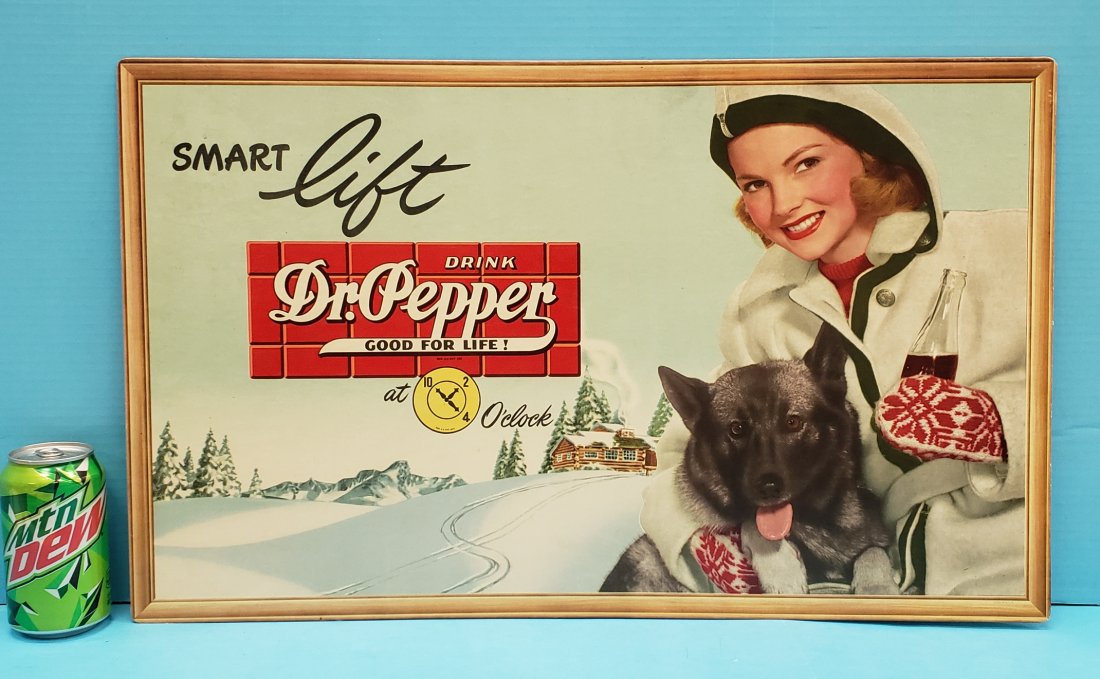 NOS Drink Dr Pepper Smart Lift Cardboard Sign: 25" x 15.25" New Old Stock Cardboard sign with girl and dog winter scene in excellent condition with bright colors. PLEASE READ & UNDERSTAND THE PAYMENT & SHIPPING TERMS FOR THIS AUCTION PRIOR TO PLAC