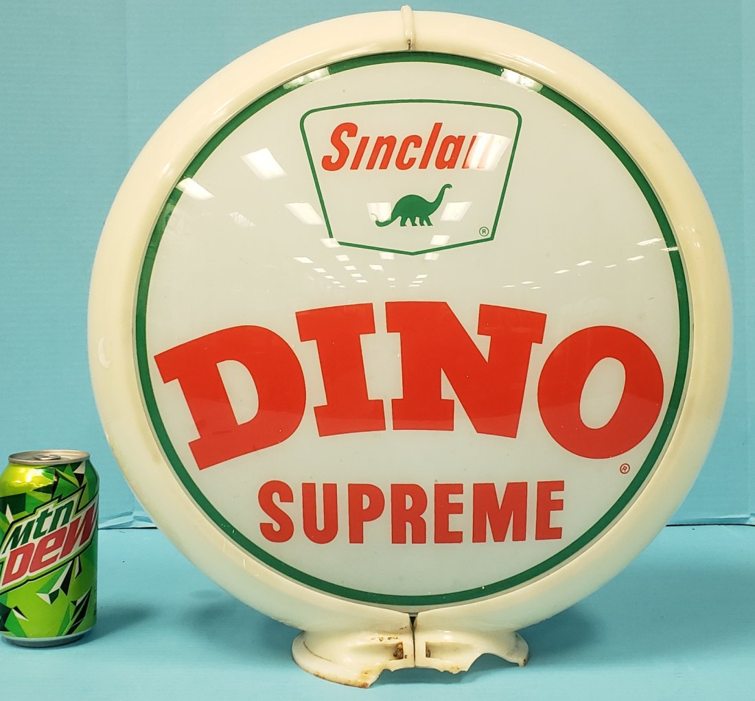 Sinclair Dino Supreme Gas Pump Globe: 13." Single lens original gas pump globe. One side only. Capcolite body with some chipping at the base. Lens is in excellent condition. PLEASE READ & UNDERSTAND THE PAYMENT & SHIPPING TERMS FOR THIS A