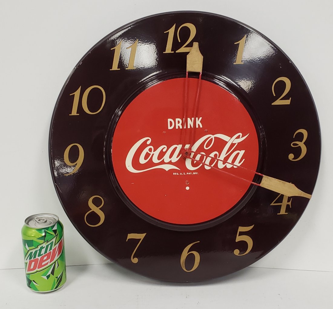 1950's Drink Coca Cola Round Metal Clock: 18" Electric Coca Cola Clock in excellent condition with bright colors and high gloss. PLEASE READ & UNDERSTAND THE PAYMENT & SHIPPING TERMS FOR THIS AUCTION PRIOR TO PLACING BIDS. ALL BIDDERS ARE BOU