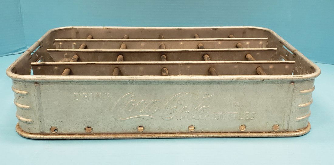 Aluminum Coca Cola Bottle Carrier Crate: Original embossed on two sides with normal wear including scuffs and scratches. PLEASE READ & UNDERSTAND THE PAYMENT & SHIPPING TERMS FOR THIS AUCTION PRIOR TO PLACING BIDS. ALL BIDDERS ARE BOUND TO T