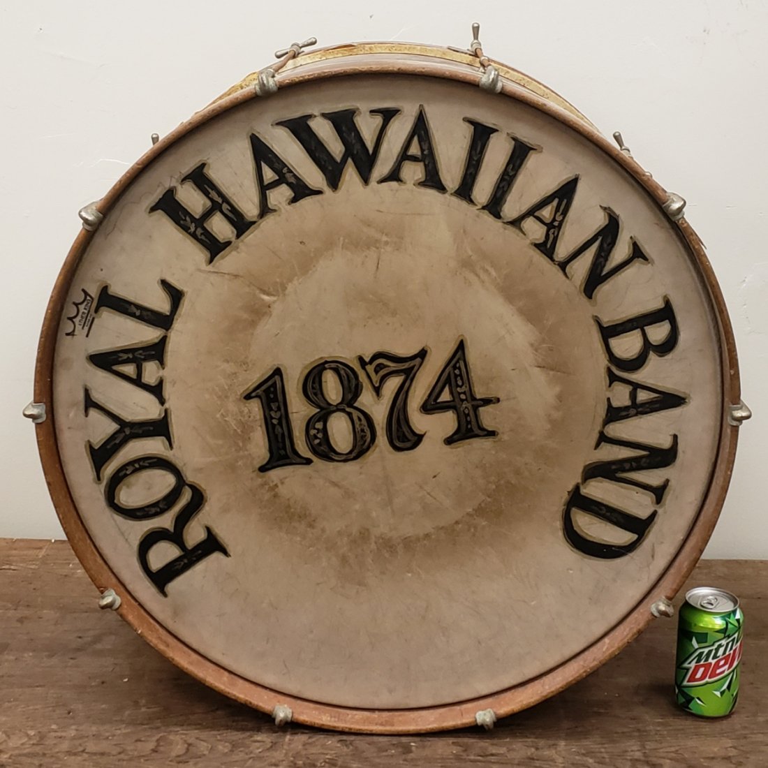 Royal Hawaiian Band Weather King Base Drum: This 27" Royal Hawaiian Band base drum was purchased in Hawaii. The Royal Hawaiian Band started in 1836 and has entertained for over 180 years. The drum sounds good with normal wear and a small hole o