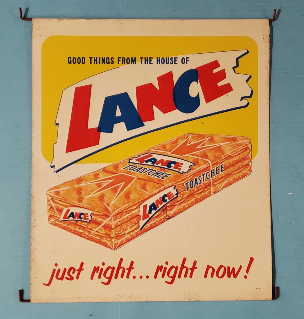 Lance Crackers Store Rack Display Sign: 13.25" x 15.75" Embossed Lance rack sign in excellent condition with minor surface rust on the edge of the sign. PLEASE READ AND UNDERSTAND THE PAYMENT AND SHIPPING TERMS FOR THIS AUCTION PRIOR TO PLA