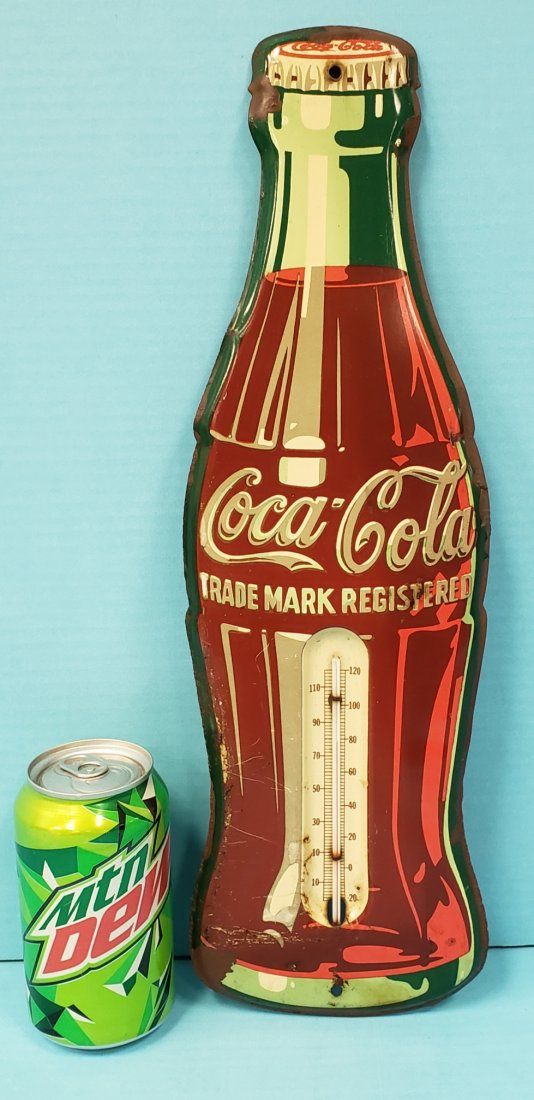 Coca Cola Die Cut Bottle Thermometer: 5.5" x 17" tin thermometer with scuffs, scratches, and some paint on the edge. PLEASE READ AND UNDERSTAND THE PAYMENT AND SHIPPING TERMS FOR THIS AUCTION PRIOR TO PLACING BIDS. ALL BIDDERS ARE BOUND T