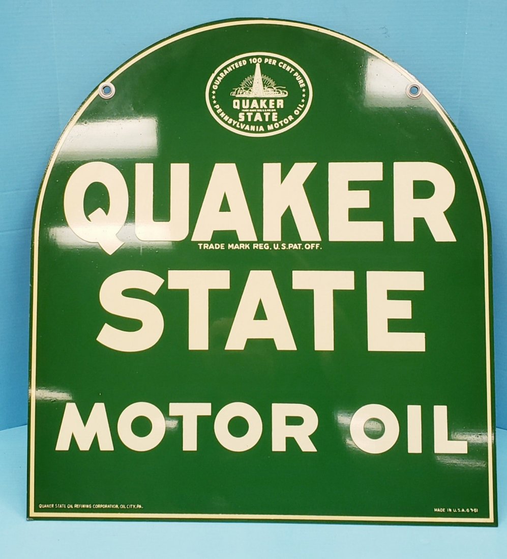 1951 NOS Quaker State Motor Oil Double Sided Sign: 26.5" x 29" This is the 2nd and last New old stock Quaker State tombstone sign offered in this auction. The condition is stunning. This sign came out of the original shipping box from 1951 and is as g