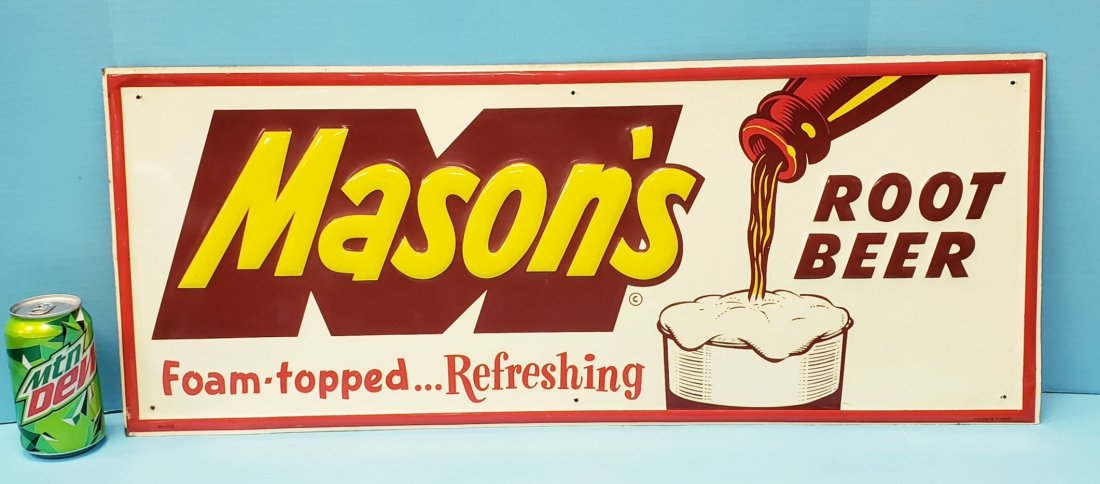 Mason's Root Beer Embossed Tin Sign: 30" x 12" tin sign in excellent condition with bright colors and high gloss. Made by Stout Sign Co. PLEASE READ & UNDERSTAND THE PAYMENT & SHIPPING TERMS FOR THIS AUCTION PRIOR TO PLACING BIDS. ALL BI