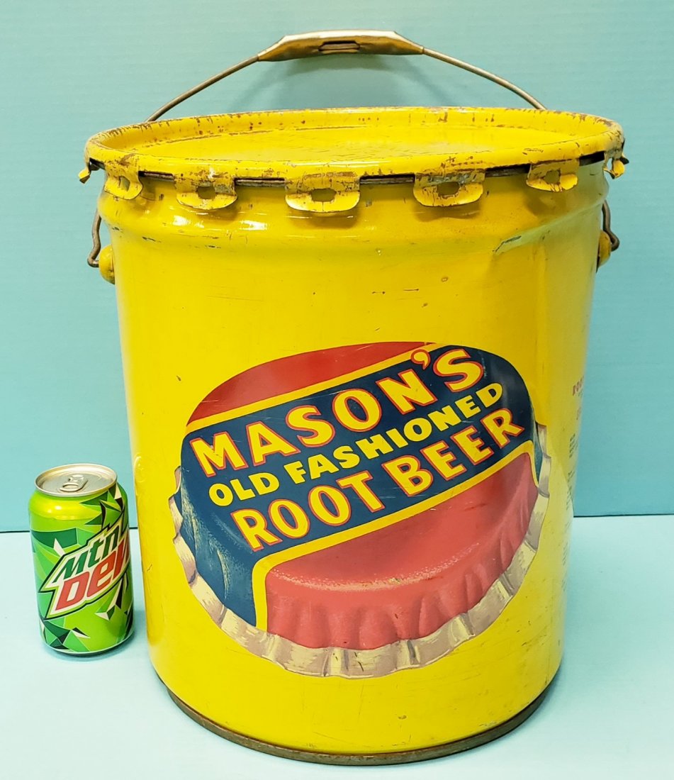 Mason's Old Fashioned Root Beer 5 Gallon Can: Original Mason's Old Fashioned Root Beer Concentrate can in excellent condition with bright colored logos on two sides. Original handle and minor scuffs. PLEASE READ & UNDERSTAND THE PAYMENT & SHIPPIN
