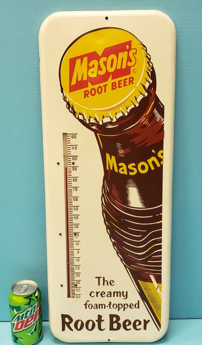 Mason's Root Beer Thermometer: 9.75" x 25.5" Tin thermometer with bright colors and scuffs. PLEASE READ & UNDERSTAND THE PAYMENT & SHIPPING TERMS FOR THIS AUCTION PRIOR TO PLACING BIDS. ALL BIDDERS ARE BOUND THE THE AUCTION TERMS.
