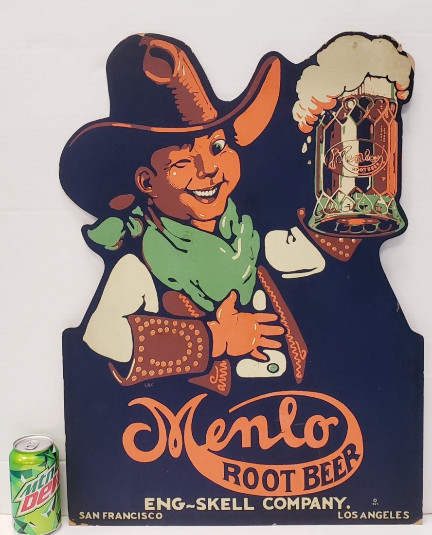 Menlo Root Beer Cardboard Easel Back Sign: 19" x 25" Cardboard sign with unused easel back in excellent condition with bright colors, minor scuffs and label on back from Vitachrome Advertising Display. Copyright 1923. PLEASE READ & UNDERSTAND