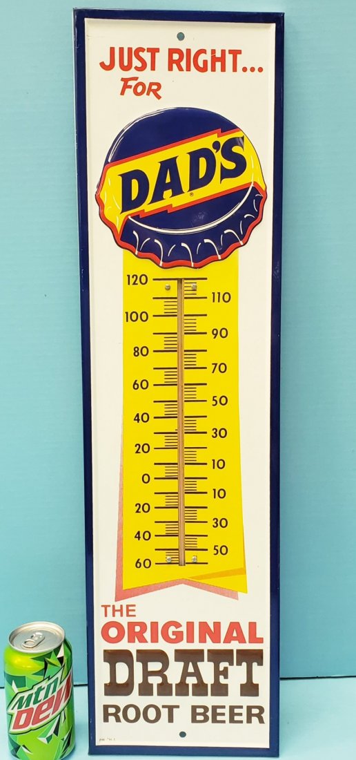 NOS Dad's Root Beer Embossed Thermometer: 7.25" x 27" New old stock in original box with embossed bottle cap. Like new condition with bright colors and high gloss. PLEASE READ & UNDERSTAND THE PAYMENT & SHIPPING TERMS FOR THIS AUCTION PRIOR T
