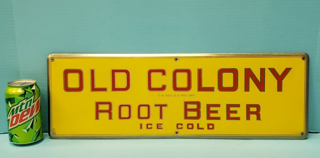 Old Colony Root Beer metal sign: 21" x 7" Scarce metal sign in excellent condition with bright colors. PLEASE READ & UNDERSTAND THE PAYMENT & SHIPPING TERMS FOR THIS AUCTION PRIOR TO PLACING BIDS. ALL BIDDERS ARE BOUND TO THE TERMS O