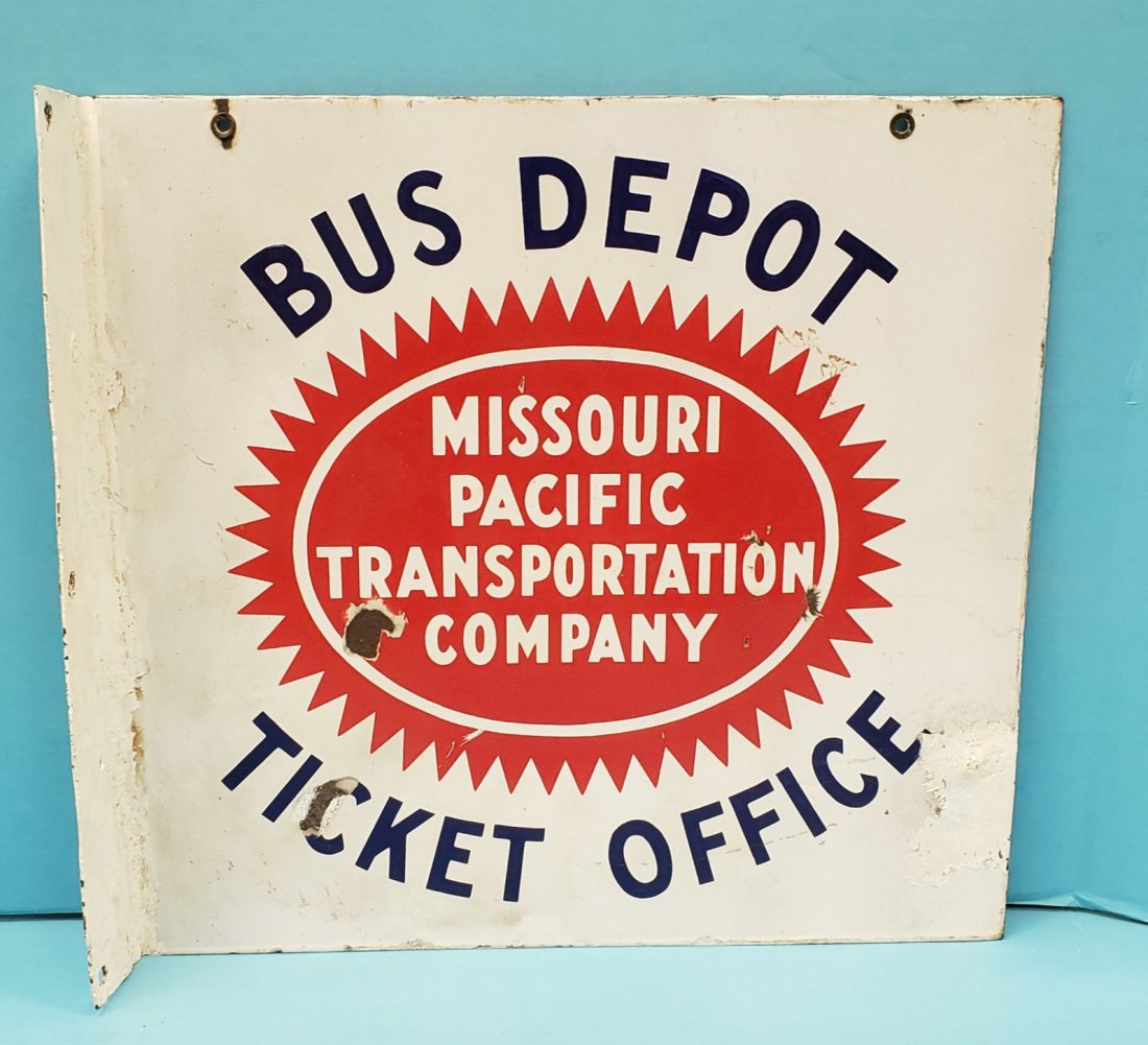 Rare Porcelain Bus Depot Ticket Office Flange sign: 18" x 17" Porcelain Bus Depot Flange sign for Missouri Pacific Transportation Company with scuffs, scratches, porcelain chips, and touch ups. PLEASE READ & UNDERSTAND THE PAYMENT & SHIPPING TERMS FOR 