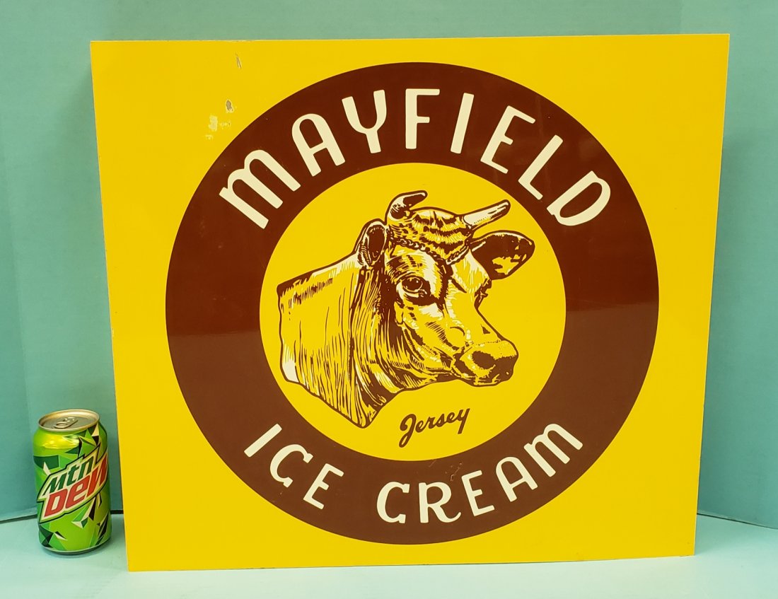 Mayfield Dairy Ice Cream Flange sign: 20" x 18" Tin flange sign in excellent condition with bright colors and high gloss. PLEASE READ & UNDERSTAND THE PAYMENT & SHIPPING TERMS FOR THIS AUCTION PRIOR TO PLACING BIDS. ALL BIDDERS ARE BOUND 
