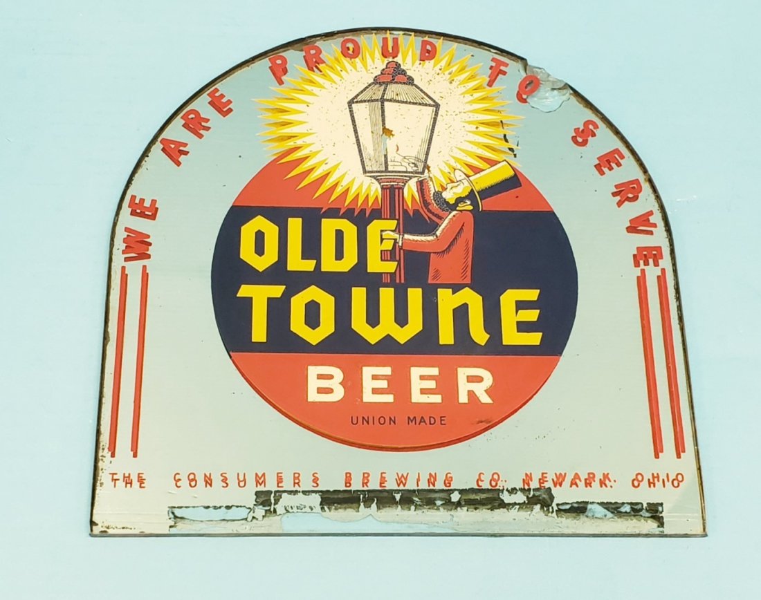 Olde Towne Beer Mirror Consumer Brewing Co. Newark Ohio: 10" x 10" Rare mirror with graphics of a man in a top hat lighting a street lamp. Minor flakes around the lamp and a chip on the top edge. PLEASE READ & UNDERSTAND THE PAYMENT & SHIPPING TERMS FOR THI