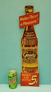 Goody Root Beer Die Cut Tin Bottle Sign: 5.5" x 23.5" Tin sign with bright colors, minor scuffs and stains. Made by American Art Works Inc. PLEASE READ & UNDERSTAND THE PAYMENT & SHIPPING TERMS FOR THIS AUCTION PRIOR TO PLACING BIDS. ALL