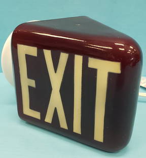 Vintage Red Glass Movie Theater EXIT Sign: 6" x 6" Triangle red glass exit light up sign in excellent working condition. PLEASE READ & UNDERSTAND THE PAYMENT & SHIPPING TERMS FOR THIS AUCTION PRIOR TO PLACING BIDS. ALL BIDDERS ARE BOUND TO THE