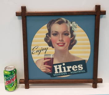 Enjoy Hires Delicious Healthful die cut sign w/ girl: Frame measures 17" x 17". Circa 1940's cardboard sign in excellent condition with bright colors. PLEASE READ & UNDERSTAND THE PAYMENT & SHIPPING TERMS FOR THIS AUCTION PRIOR TO PLACING BIDS. ALL