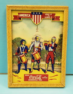 1942 Coca Cola "America Love It or Leave It calendar: 5.25" x 7" Metal framed reverse painted on glass Coca Cola patriotic advertising for Brownsville, Tenn. with a 1942 pull down calendar attached to the back. This piece looks new old stock with the