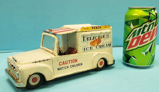 Delicious Ice Cream Tin Toy Truck Made In Japan: 8" x 3.5" x 2.5" Friction toy ice cream truck. Runs well with excellent graphics and minor scuffs or scratches. PLEASE READ & UNDERSTAND THE PAYMENT & SHIPPING TERMS FOR THIS AUCTION PRIOR TO PLACING