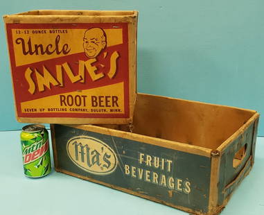 Ma's & Uncle Smilie's Root Beer Cardboard Crates / Box: 2 vintage scarce heavy duty cardboard root beer boxes. Uncle Smilie's displays excellent graphics while the Ma's box shows some scuffs and scratches. PLEASE READ & UNDERSTAND THE PAYMENT & SHIPPING