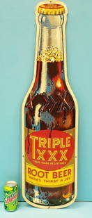 Triple XXX Root Beer Die Cut Embossed Bottle Sign: 10" x 36" SCARCE die cut tin bottle sign in excellent condition with bright colors and high gloss. A few very minor paint flakes at the bottom of the sign. PLEASE READ & UNDERSTAND THE PAYMENT &