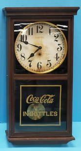 1920's -30's Coca Cola Regulator Gilbert Clock: An original working Coca Cola clock with the Gilbert Clock Co. label on the back and original wavy glass front. Drink Coca Cola is faded but visible and Made in Winsted Conn, USA is printed on the bot