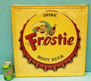 Drink Frostie Root Beer Embossed Bottle Cap Sign: Scarce 20" x 20" Embossed bottle cap sign in excellent condition with bright colors and high gloss. PLEASE READ & UNDERSTAND THE PAYMENT & SHIPPING TERMS FOR THIS AUCTION PRIOR TO PLACING BIDS. ALL