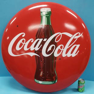 36" Porcelain  Coca Cola button sign: Porcelain button sign with bright color and high gloss. Excellent condition with 3 small porcelain chips. PLEASE READ & UNDERSTAND THE PAYMENT & SHIPPING TERMS FOR THIS AUCTION PRIOR TO PLACING BIDS.