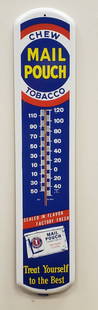 Mail Pouch Thermometer sign: 39" Metal thermometer with bright colors and minor scuffs. PLEASE READ & UNDERSTAND THE PAYMENT & SHIPPING TERMS FOR THIS AUCTION PRIOR TO PLACING BIDS. ALL BIDDERS ARE BOUND TO THE AUCTION TERMS.