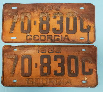 Pair of 1935 Georgia Tags /License Plates: 2 metal embossed tags with surface rust. PLEASE READ & UNDERSTAND THE PAYMENT & SHIPPING TERMS FOR THIS AUCTION PRIOR TO PLACING BIDS. ALL BIDDERS ARE BOUND TO THE AUCTION TERMS.