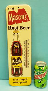 Mason's Root Beer Thermometer: 4.75" x 16" Tin thermometer in excellent condition with high gloss and bright colors. Looks new old stock.PLEASE READ & UNDERSTAND THE PAYMENT & SHIPPING TERMS FOR THIS AUCTION PRIOR TO PLACING BIDS.