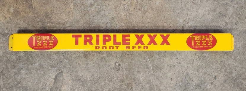 Triple XXX Root Beer Door Push: 2.5" x 33" Scarce metal door push with bright colors, scuffs, & scratches. PLEASE READ & UNDERSTAND THE PAYMENT & SHIPPING TERMS FOR THIS AUCTION PRIOR TO PLACING BIDS. ALL BIDDERS ARE BOUND TO THE