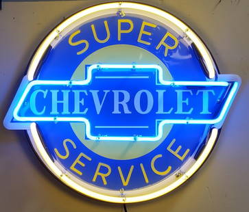 Super Chevrolet Service Neon Sign: WE DO NOT SHIP NEON SIGNS. THIS ITEM MUST BE PICKED UP. 27" two color blue & yellow neon with embossed metal sign. New neon in excellent condition. PLEASE READ & UNDERSTAND THE PAYMENT & SHIPPING