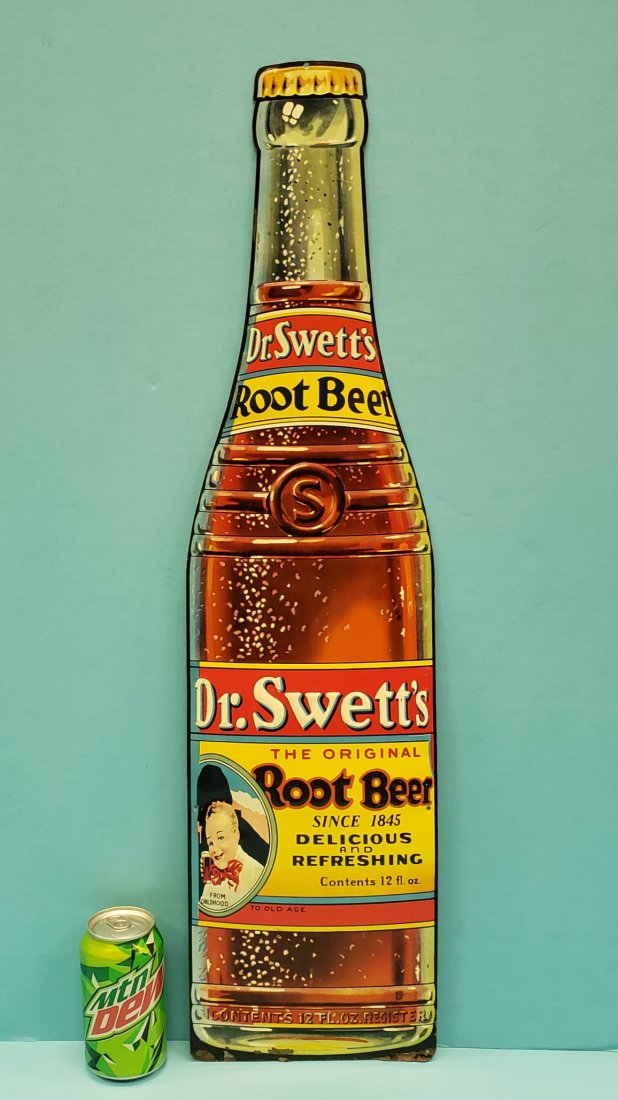 1930's Dr Swett's Root Beer Embossed Tin Bottle Sign (1 of 2)