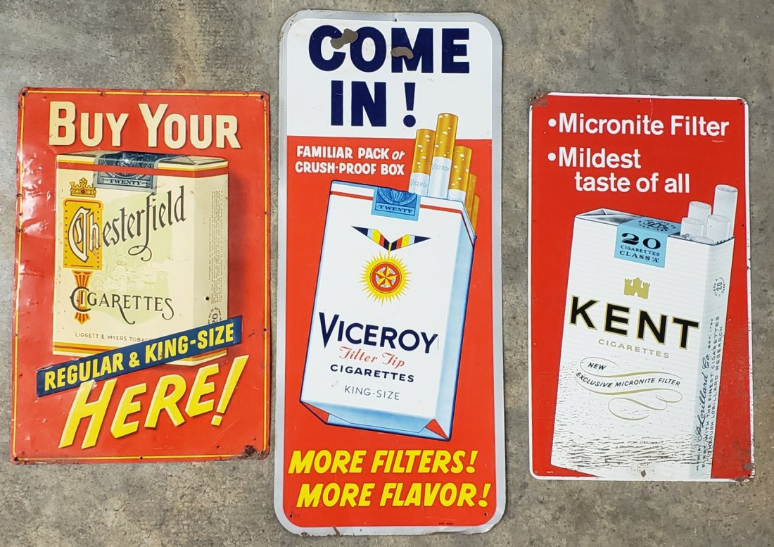3 Tin Cigarette Signs Chesterfield, Viceroy, & Kent (1 of 4)