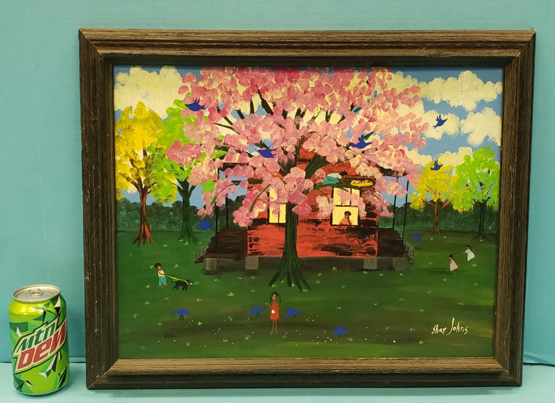 Sharon Johnson Folk Art Painting Shar Johns: 21" x 17" Framed Painting on board signed Shar Johns on front and Sharon Johnson on back. PLEASE READ & UNDERSTAND THE PAYMENT & SHIPPING TERMS FOR THIS AUCTION PRIOR TO PLACING BIDS.
