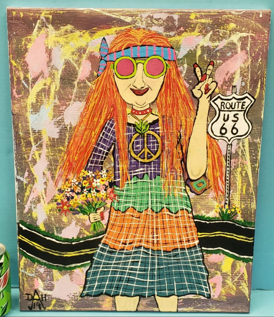 Dale Hinsley "Redbone" Hippie Folk Art: 16" x 20" Painting on Canvas signed on back. PLEASE READ & UNDERSTAND THE PAYMENT & SHIPPING TERMS FOR THIS AUCTION PRIOR TO PLACING BIDS.
